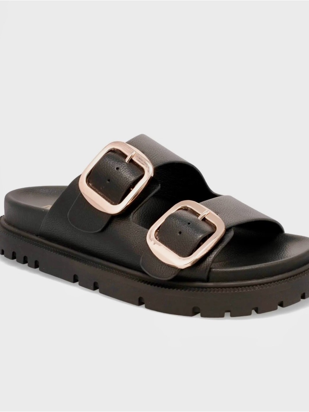 MIA Black Slide Sandal with Gold Buckles